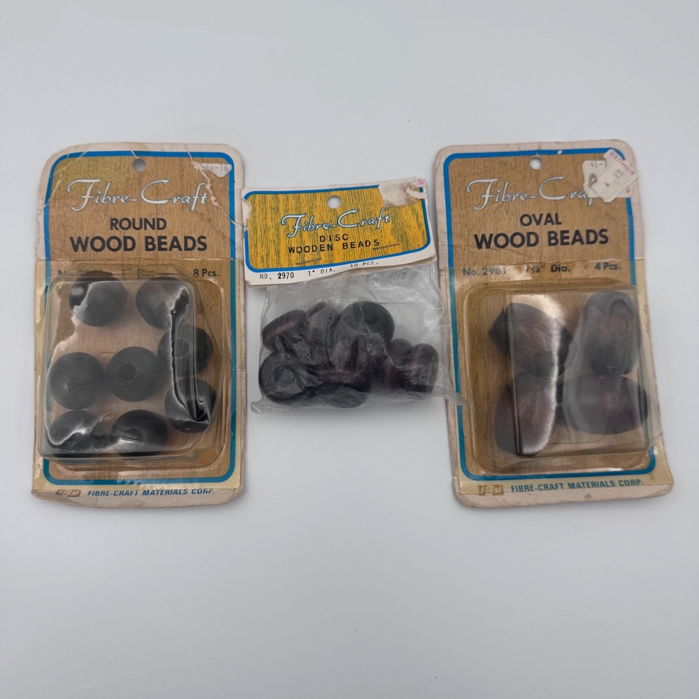 Vintage Fibre-Craft Wooden Beads Lot Round Oval Disc Brown Macrame Supplies